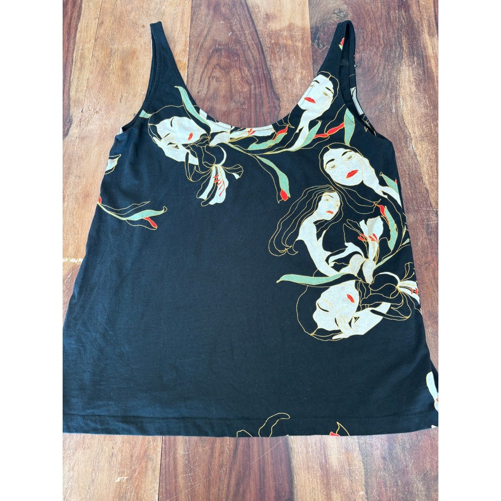 Aritzia Little moon tank top women sz medium black graphic portrait floral print